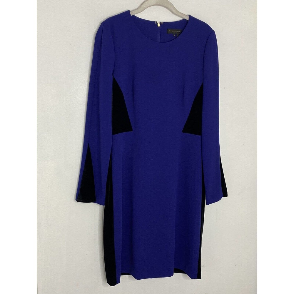 Donna Karan New York Velvet Black & Blue Long Sleeve Colorblock Dress Size 10 O1 - Picture 2 of 6